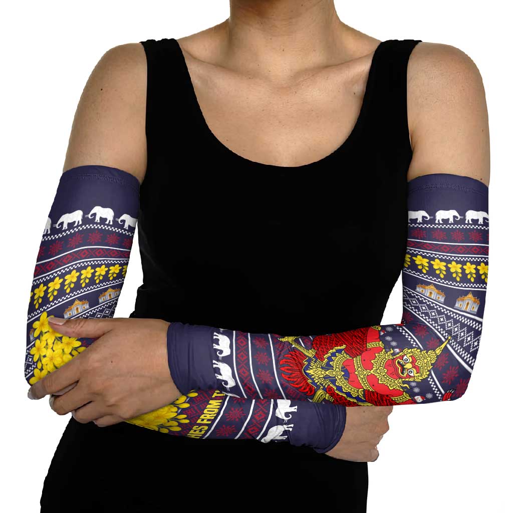 Thailand Christmas Arm Sleeves with Yellow Flower Tree Garuda Emblem and Elephant Holiday - Wonder Print Shop