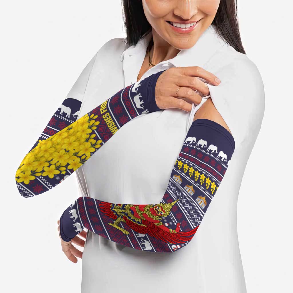 Thailand Christmas Arm Sleeves with Yellow Flower Tree Garuda Emblem and Elephant Holiday - Wonder Print Shop