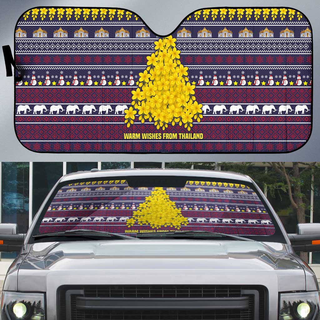 Thailand Christmas Auto Sun Shade with Yellow Flower Tree Garuda Emblem and Elephant Holiday - Wonder Print Shop