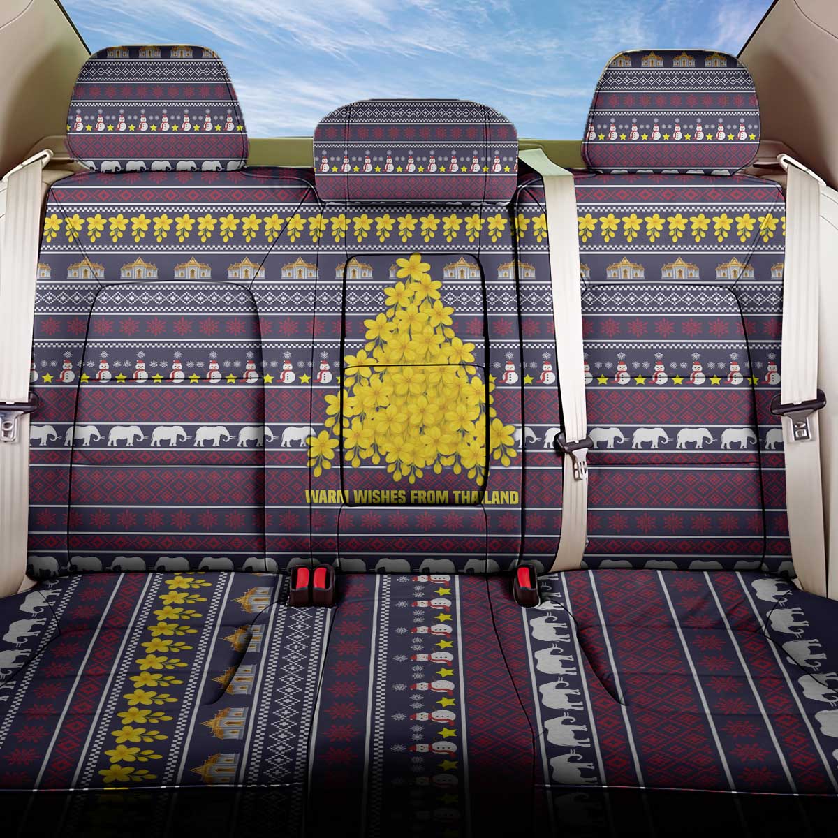 Thailand Christmas Back Car Seat Cover with Yellow Flower Tree Garuda Emblem and Elephant Holiday - Wonder Print Shop