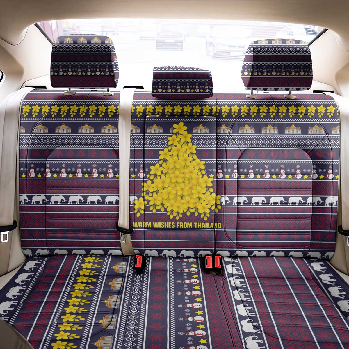 Thailand Christmas Back Car Seat Cover with Yellow Flower Tree Garuda Emblem and Elephant Holiday - Wonder Print Shop