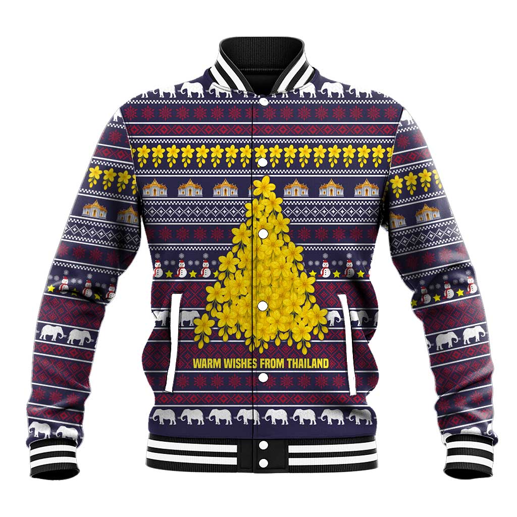 Thailand Christmas Baseball Jacket with Yellow Flower Tree Garuda Emblem and Elephant Holiday - Wonder Print Shop