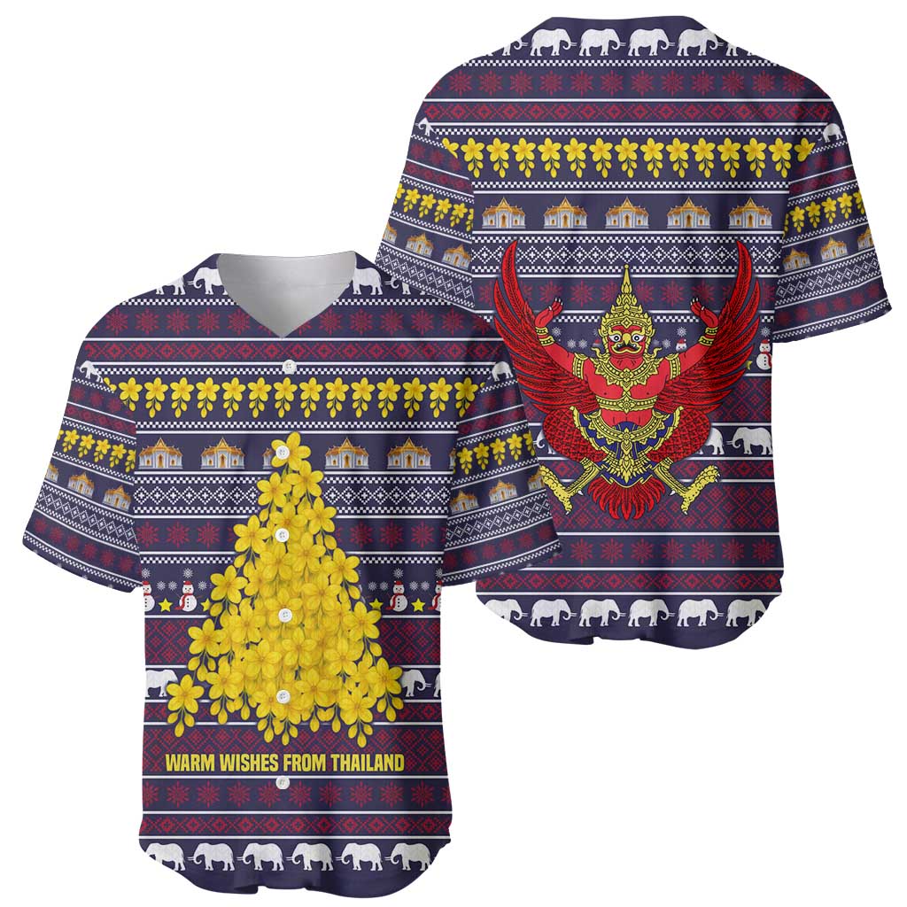 Thailand Christmas Baseball Jersey with Yellow Flower Tree Garuda Emblem and Elephant Holiday - Wonder Print Shop