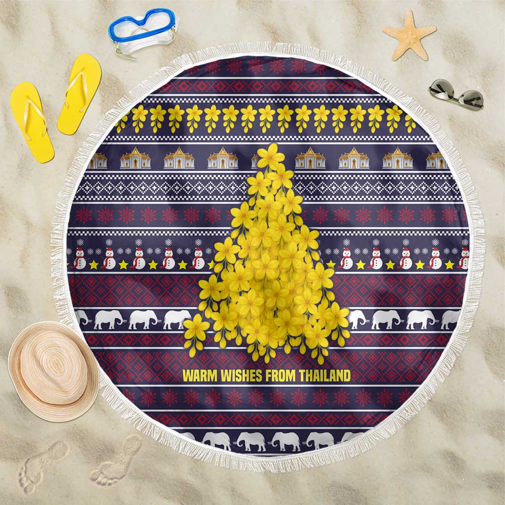 Thailand Christmas Beach Blanket with Yellow Flower Tree Garuda Emblem and Elephant Holiday - Wonder Print Shop