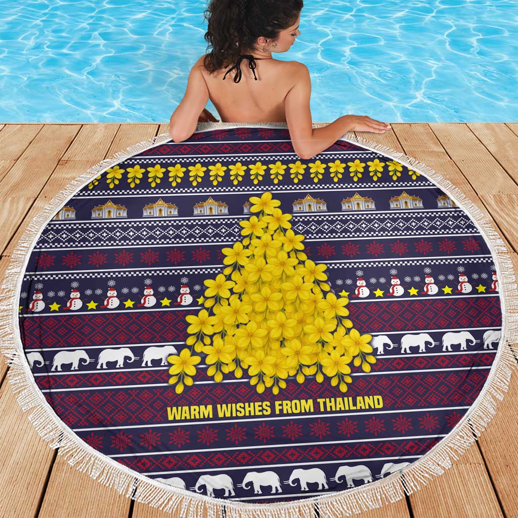 Thailand Christmas Beach Blanket with Yellow Flower Tree Garuda Emblem and Elephant Holiday - Wonder Print Shop