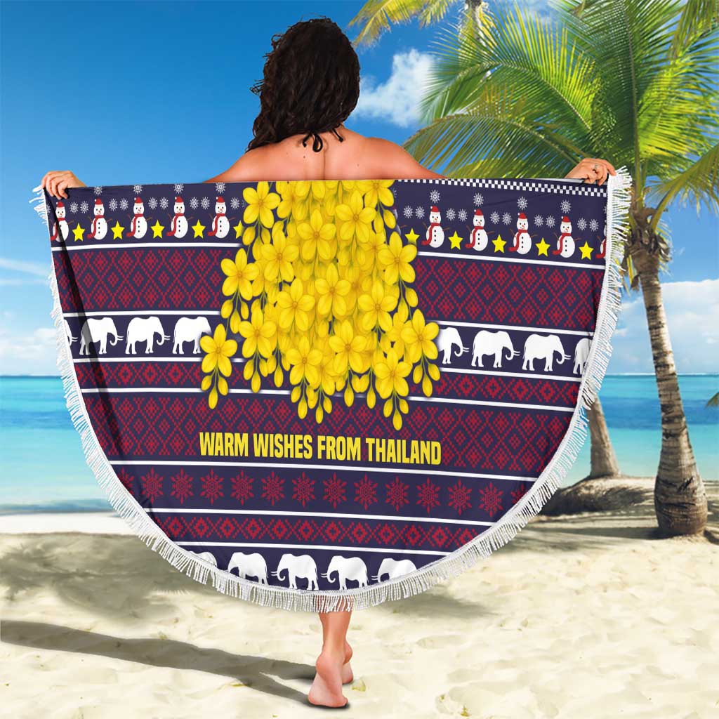 Thailand Christmas Beach Blanket with Yellow Flower Tree Garuda Emblem and Elephant Holiday - Wonder Print Shop
