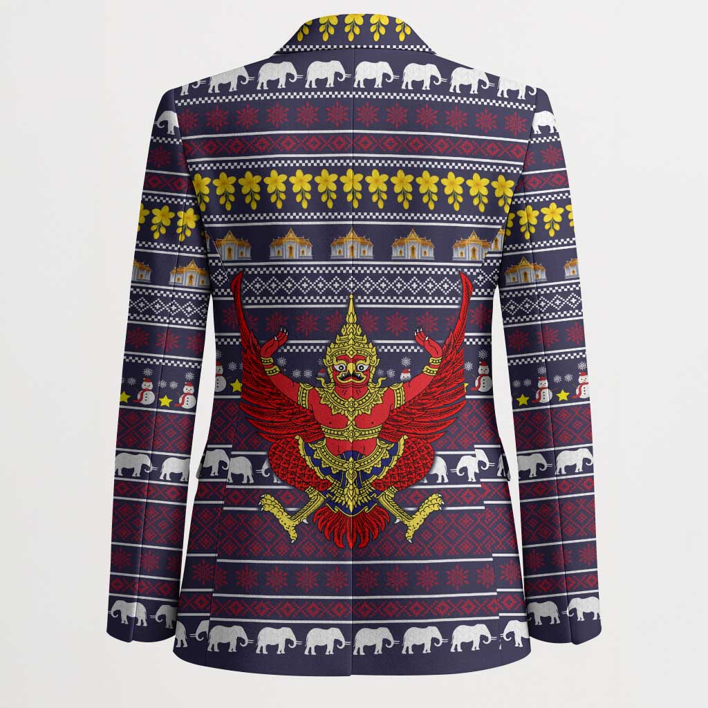 Thailand Christmas Blazer with Yellow Flower Tree Garuda Emblem and Elephant Holiday - Wonder Print Shop