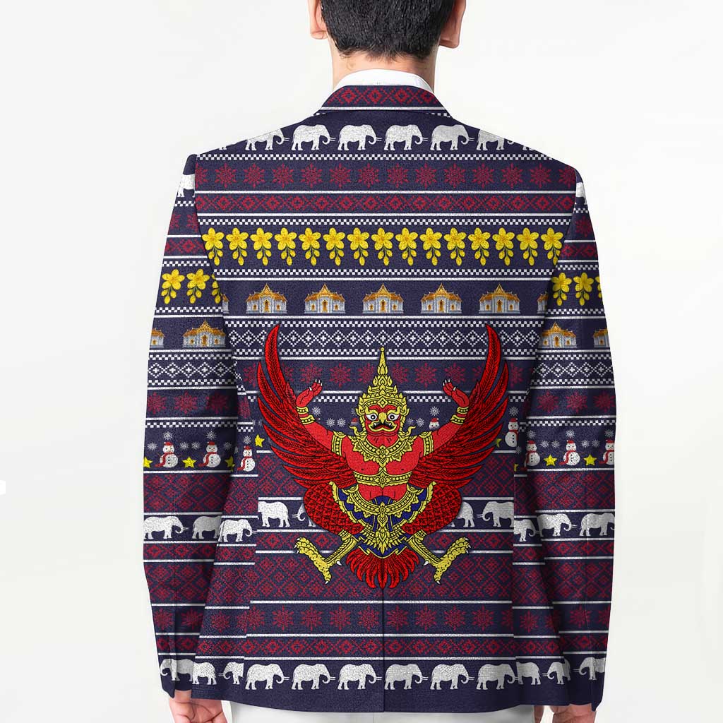 Thailand Christmas Blazer with Yellow Flower Tree Garuda Emblem and Elephant Holiday - Wonder Print Shop