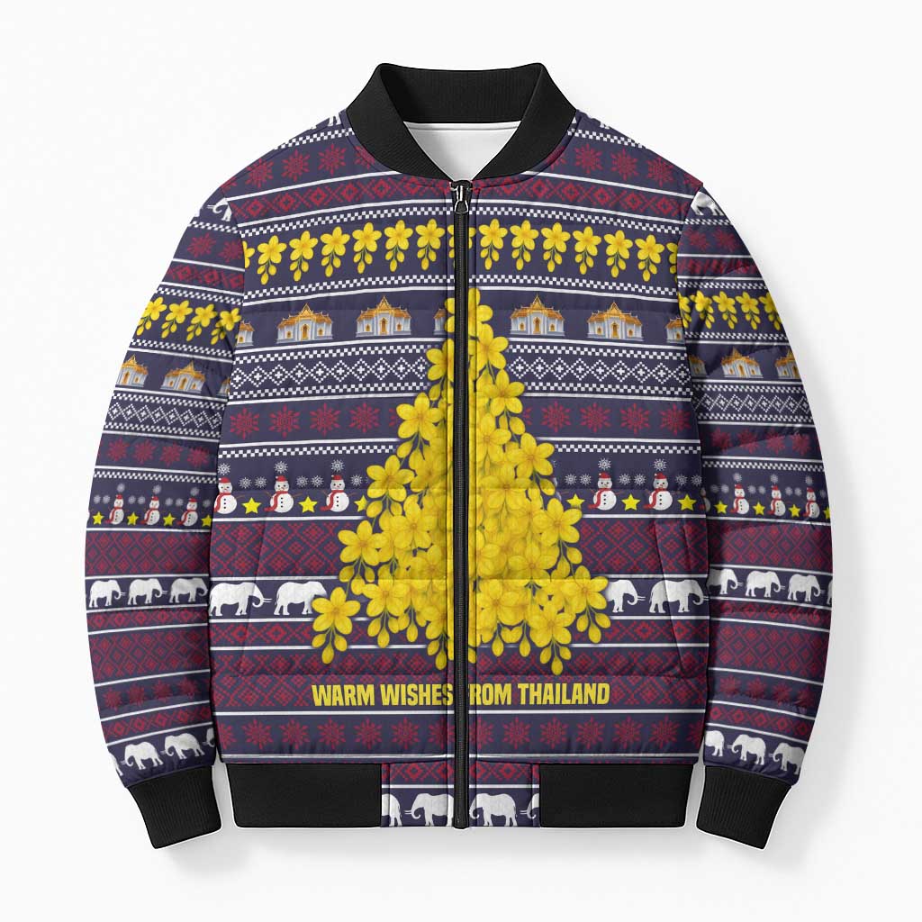 Thailand Christmas Bomber Puffer Jacket with Yellow Flower Tree Garuda Emblem and Elephant Holiday - Wonder Print Shop