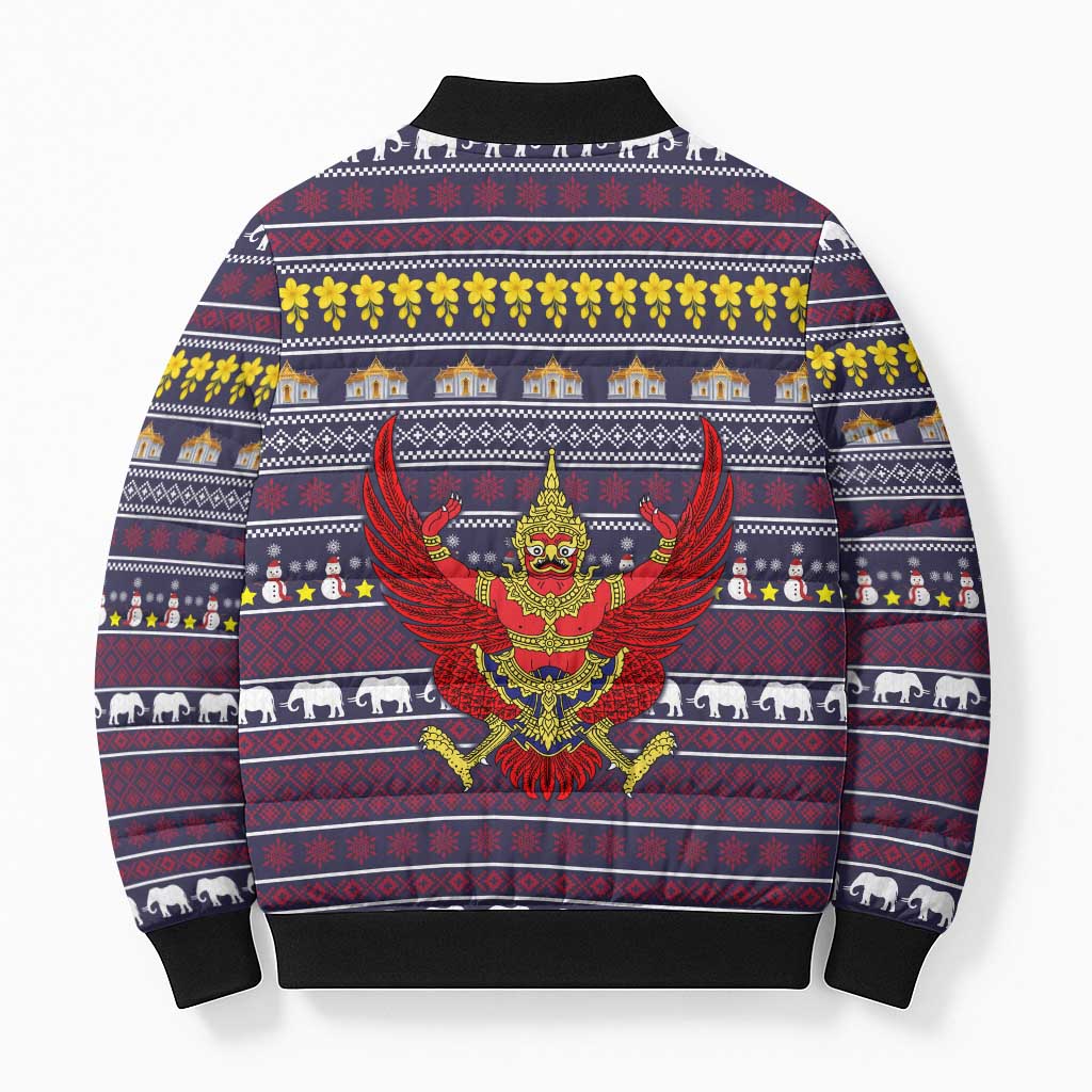 Thailand Christmas Bomber Puffer Jacket with Yellow Flower Tree Garuda Emblem and Elephant Holiday - Wonder Print Shop
