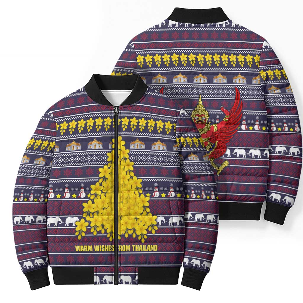 Thailand Christmas Bomber Puffer Jacket with Yellow Flower Tree Garuda Emblem and Elephant Holiday - Wonder Print Shop