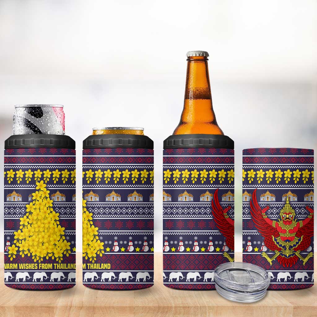 Thailand Christmas 4 in 1 Can Cooler Tumbler with Yellow Flower Tree Garuda Emblem and Elephant Holiday - Wonder Print Shop
