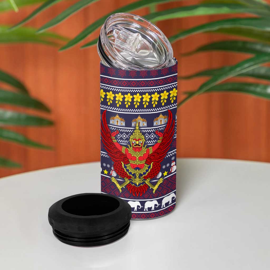 Thailand Christmas 4 in 1 Can Cooler Tumbler with Yellow Flower Tree Garuda Emblem and Elephant Holiday - Wonder Print Shop