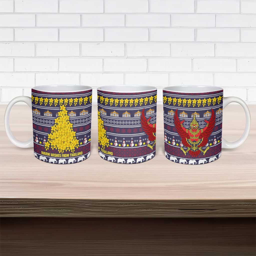Thailand Christmas Ceramic Mug with Yellow Flower Tree Garuda Emblem and Elephant Holiday - Wonder Print Shop