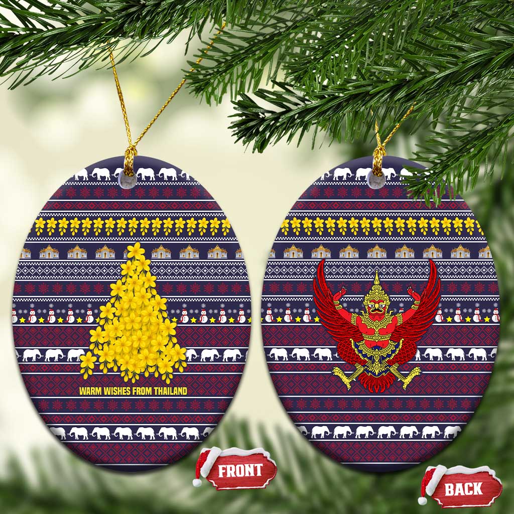 Thailand Christmas Ceramic Ornament with Yellow Flower Tree Garuda Emblem and Elephant Holiday - Wonder Print Shop