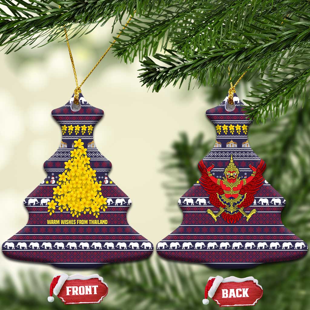 Thailand Christmas Ceramic Ornament with Yellow Flower Tree Garuda Emblem and Elephant Holiday - Wonder Print Shop