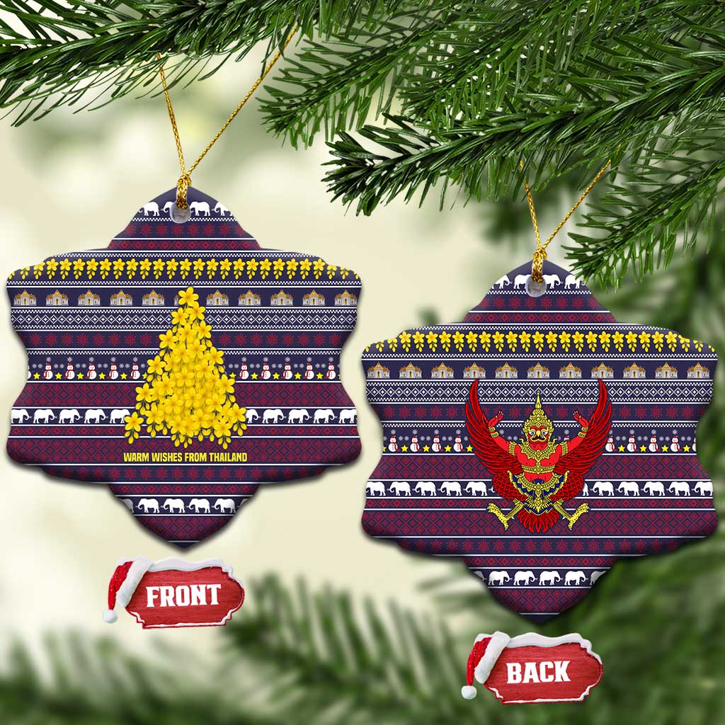 Thailand Christmas Ceramic Ornament with Yellow Flower Tree Garuda Emblem and Elephant Holiday - Wonder Print Shop