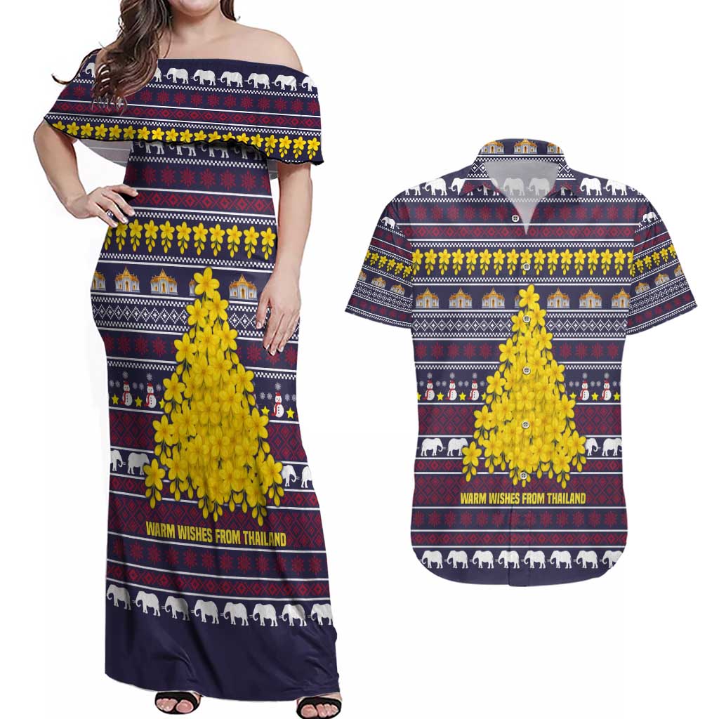 Thailand Christmas Couples Matching Off Shoulder Maxi Dress and Hawaiian Shirt with Yellow Flower Tree Garuda Emblem and Elephant Holiday - Wonder Print Shop