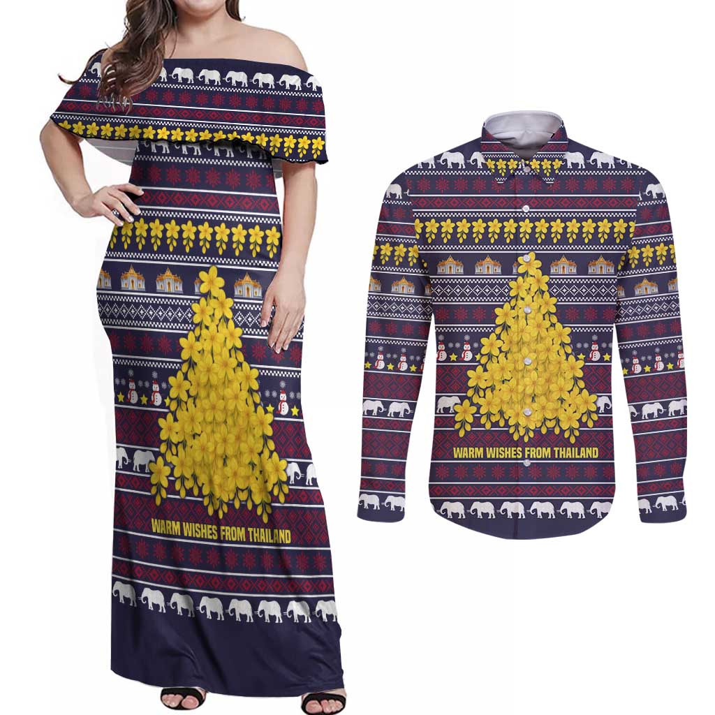 Thailand Christmas Couples Matching Off Shoulder Maxi Dress and Long Sleeve Button Shirt with Yellow Flower Tree Garuda Emblem and Elephant Holiday - Wonder Print Shop
