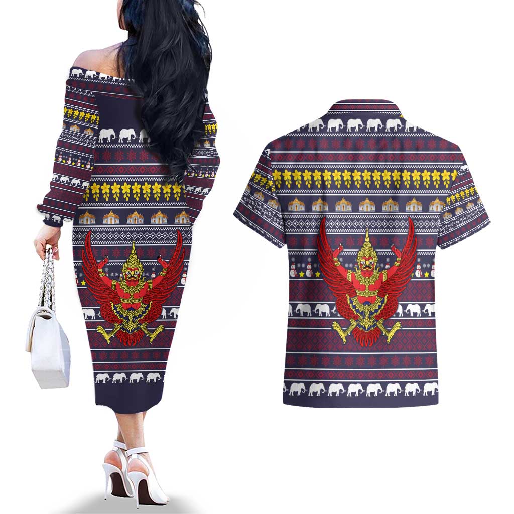 Thailand Christmas Couples Matching Off The Shoulder Long Sleeve Dress and Hawaiian Shirt with Yellow Flower Tree Garuda Emblem and Elephant Holiday - Wonder Print Shop