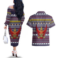 Thailand Christmas Couples Matching Off The Shoulder Long Sleeve Dress and Hawaiian Shirt with Yellow Flower Tree Garuda Emblem and Elephant Holiday - Wonder Print Shop