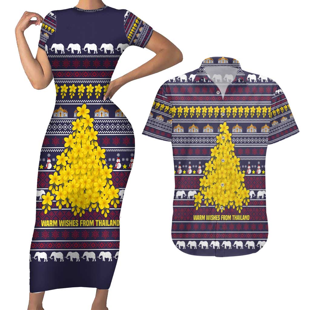 Thailand Christmas Couples Matching Short Sleeve Bodycon Dress and Hawaiian Shirt with Yellow Flower Tree Garuda Emblem and Elephant Holiday - Wonder Print Shop