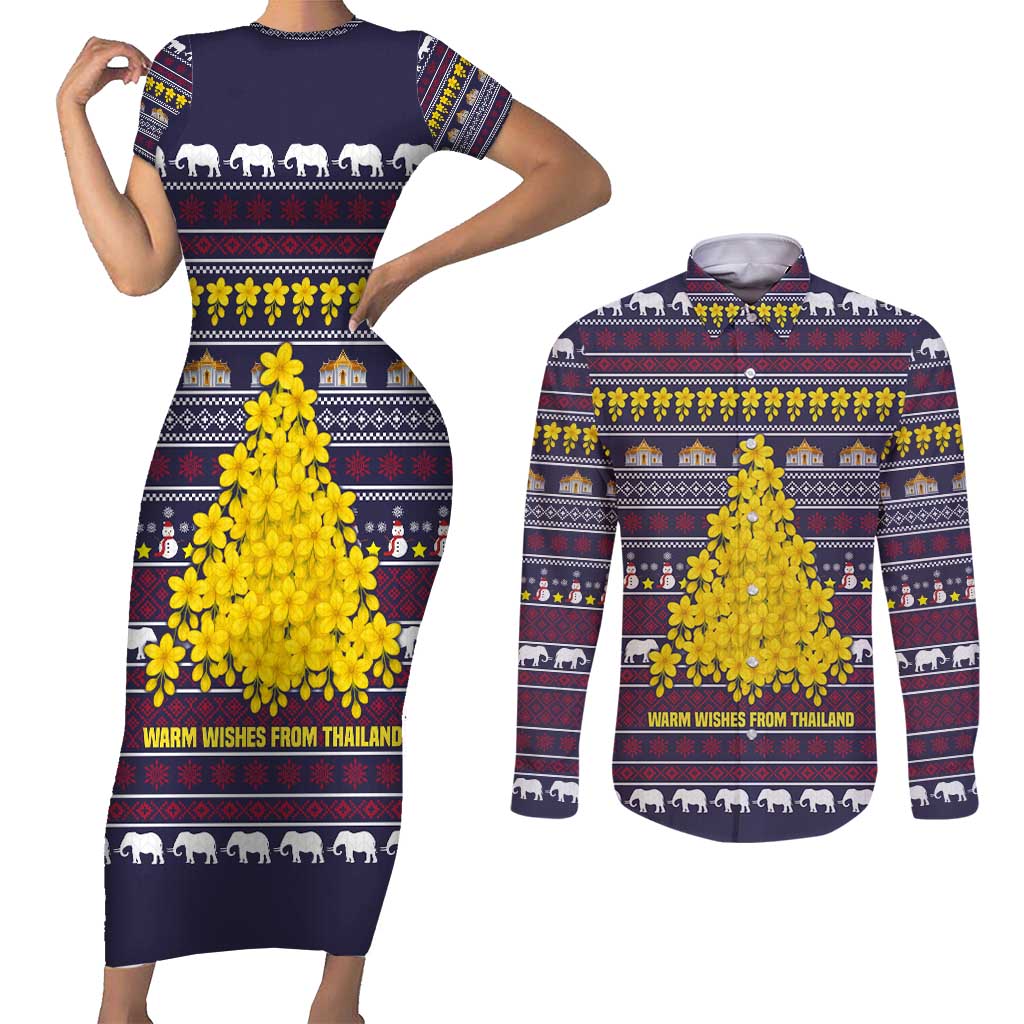 Thailand Christmas Couples Matching Short Sleeve Bodycon Dress and Long Sleeve Button Shirt with Yellow Flower Tree Garuda Emblem and Elephant Holiday - Wonder Print Shop