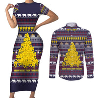 Thailand Christmas Couples Matching Short Sleeve Bodycon Dress and Long Sleeve Button Shirt with Yellow Flower Tree Garuda Emblem and Elephant Holiday - Wonder Print Shop