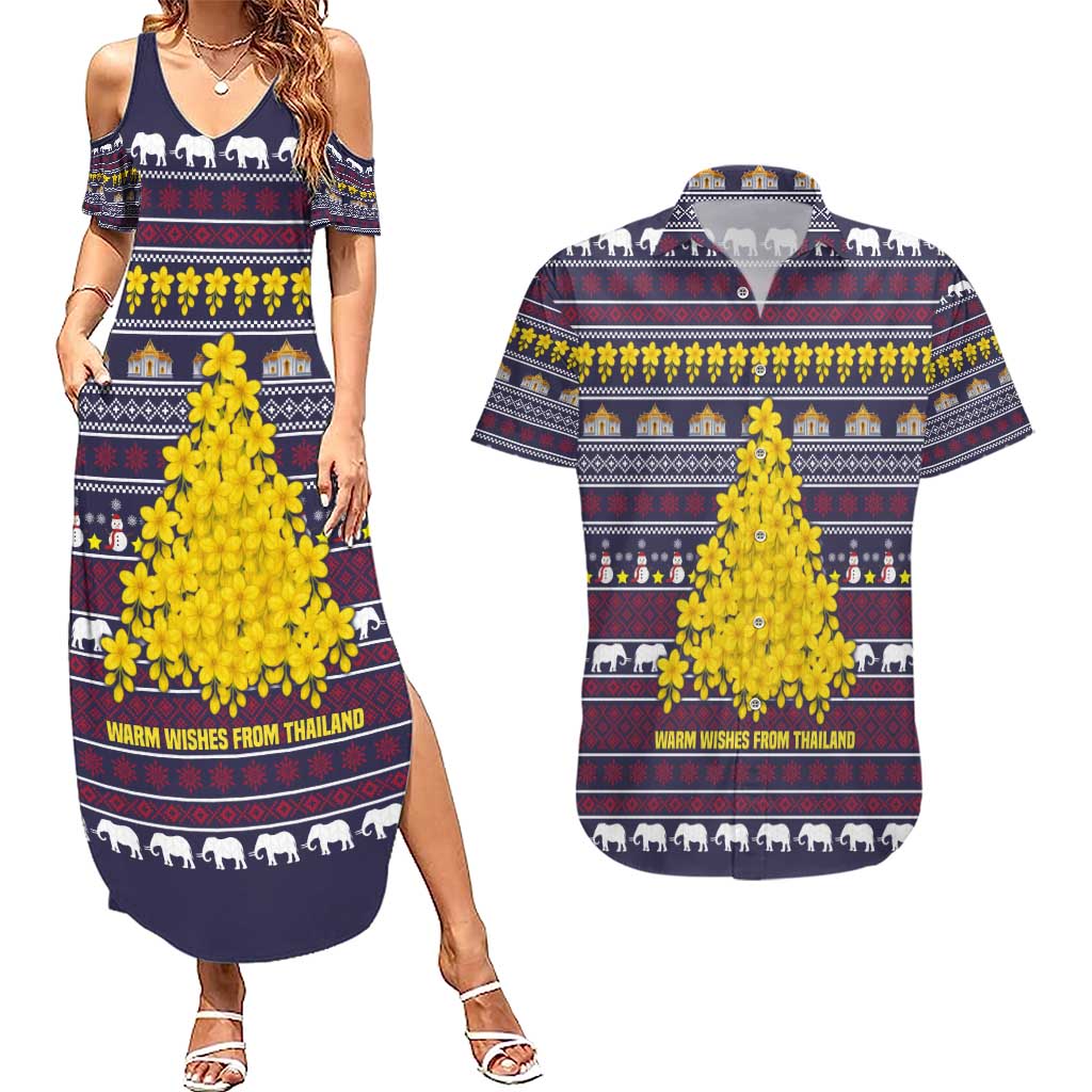 Thailand Christmas Couples Matching Summer Maxi Dress and Hawaiian Shirt with Yellow Flower Tree Garuda Emblem and Elephant Holiday - Wonder Print Shop