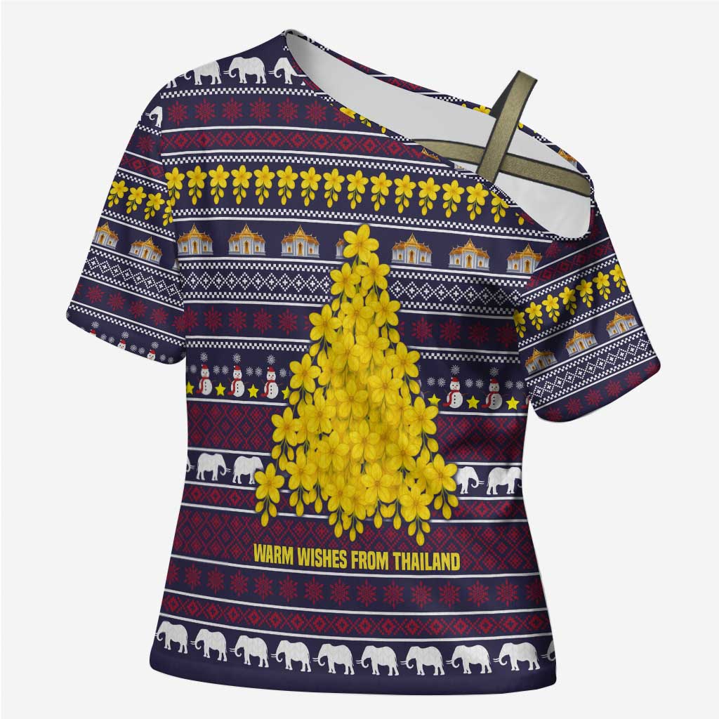Thailand Christmas Cross Shoulder Shirt with Yellow Flower Tree Garuda Emblem and Elephant Holiday - Wonder Print Shop
