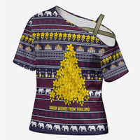 Thailand Christmas Cross Shoulder Shirt with Yellow Flower Tree Garuda Emblem and Elephant Holiday - Wonder Print Shop