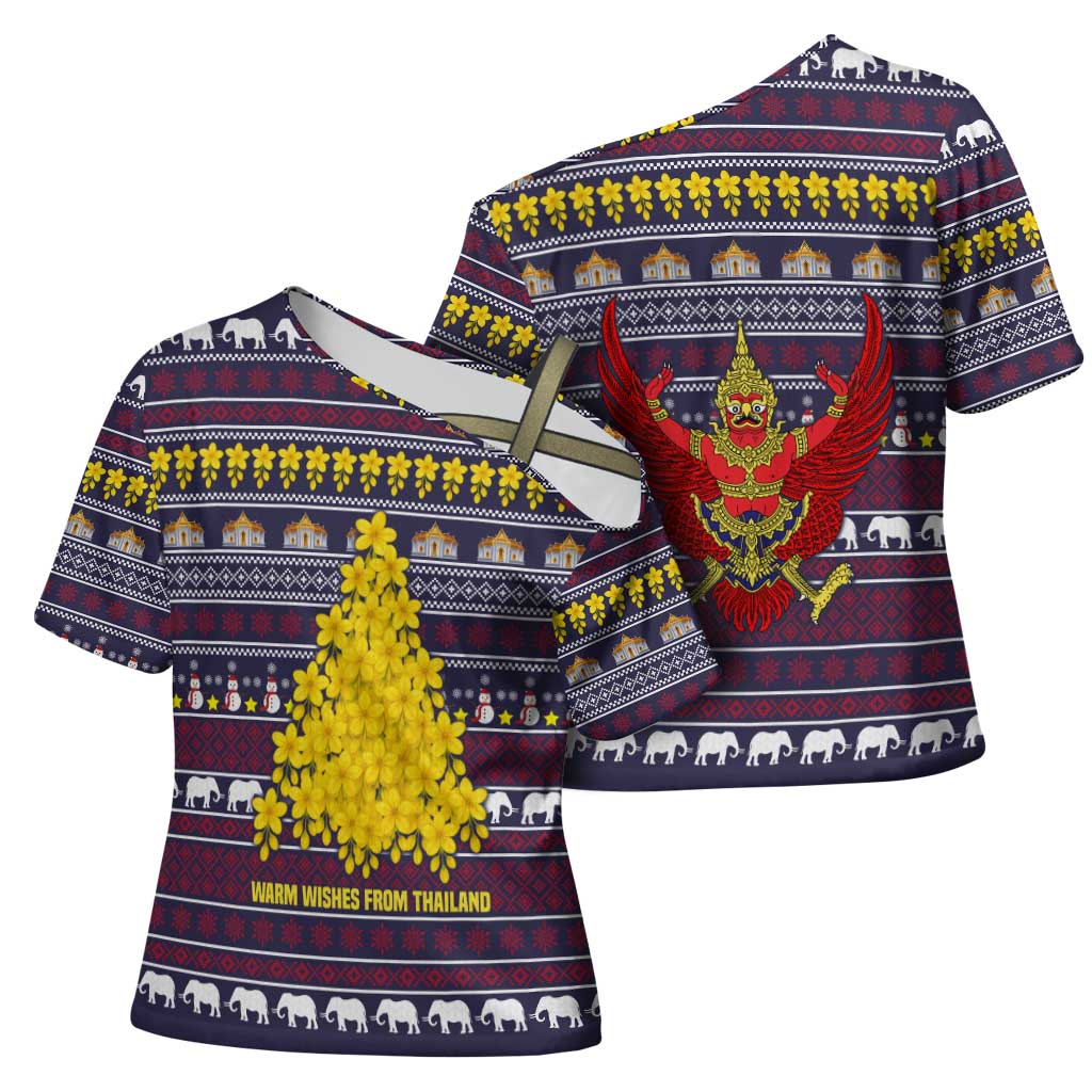 Thailand Christmas Cross Shoulder Shirt with Yellow Flower Tree Garuda Emblem and Elephant Holiday - Wonder Print Shop