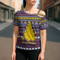 Thailand Christmas Cross Shoulder Shirt with Yellow Flower Tree Garuda Emblem and Elephant Holiday - Wonder Print Shop