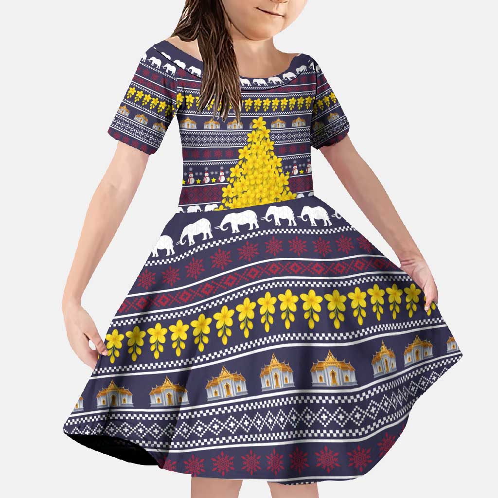 Thailand Christmas Family Matching Long Sleeve Bodycon Dress and Hawaiian Shirt with Yellow Flower Tree Garuda Emblem and Elephant Holiday - Wonder Print Shop