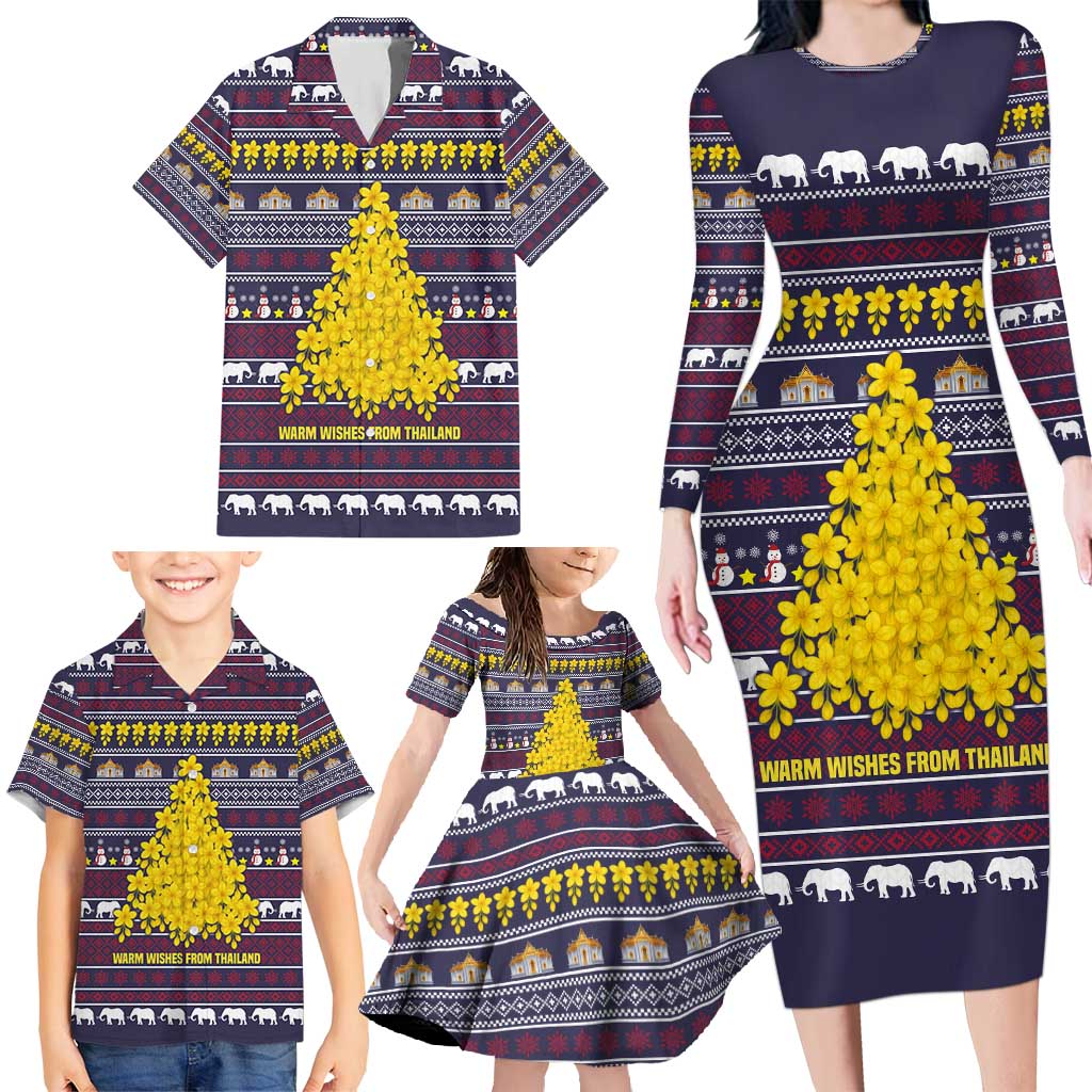 Thailand Christmas Family Matching Long Sleeve Bodycon Dress and Hawaiian Shirt with Yellow Flower Tree Garuda Emblem and Elephant Holiday - Wonder Print Shop