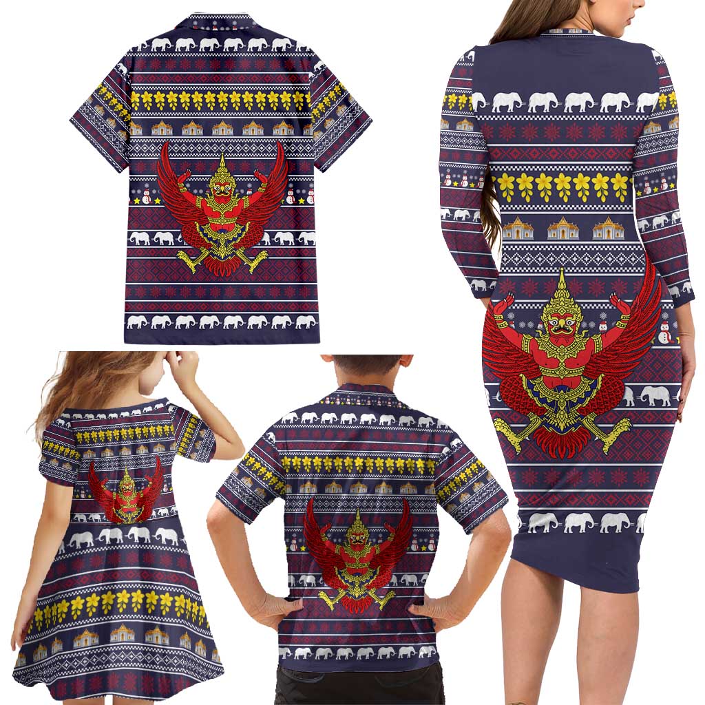 Thailand Christmas Family Matching Long Sleeve Bodycon Dress and Hawaiian Shirt with Yellow Flower Tree Garuda Emblem and Elephant Holiday - Wonder Print Shop