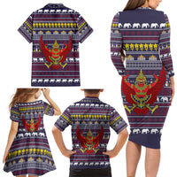 Thailand Christmas Family Matching Long Sleeve Bodycon Dress and Hawaiian Shirt with Yellow Flower Tree Garuda Emblem and Elephant Holiday - Wonder Print Shop