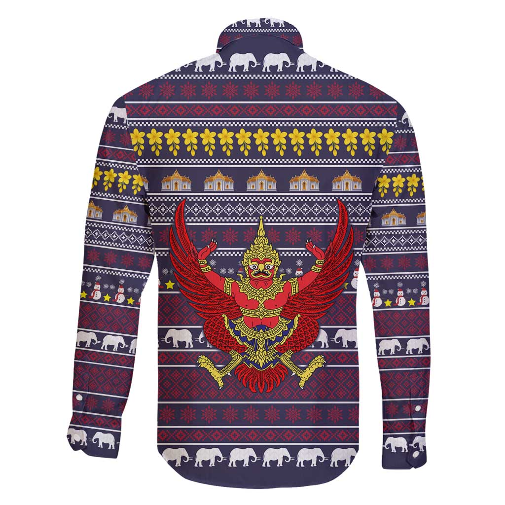 Thailand Christmas Family Matching Long Sleeve Bodycon Dress and Hawaiian Shirt with Yellow Flower Tree Garuda Emblem and Elephant Holiday - Wonder Print Shop