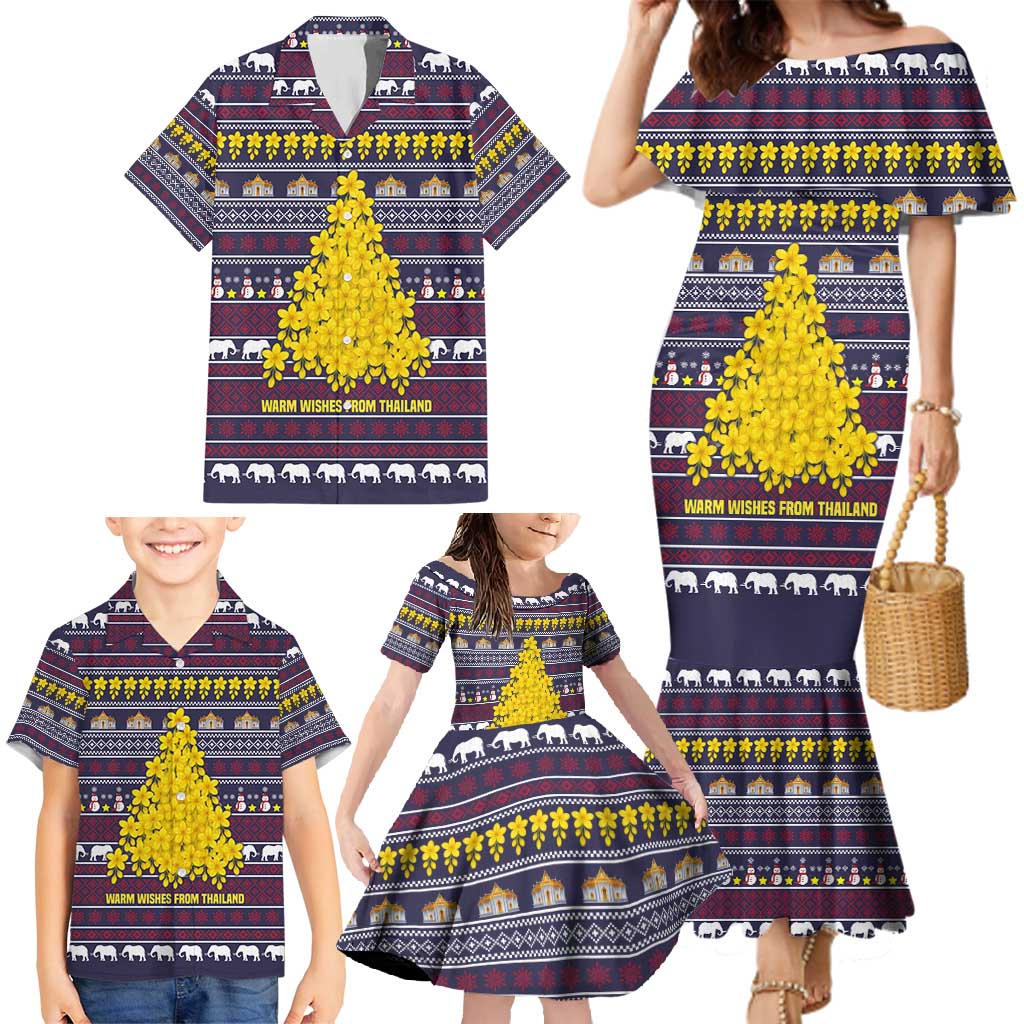 Thailand Christmas Family Matching Mermaid Dress and Hawaiian Shirt with Yellow Flower Tree Garuda Emblem and Elephant Holiday - Wonder Print Shop