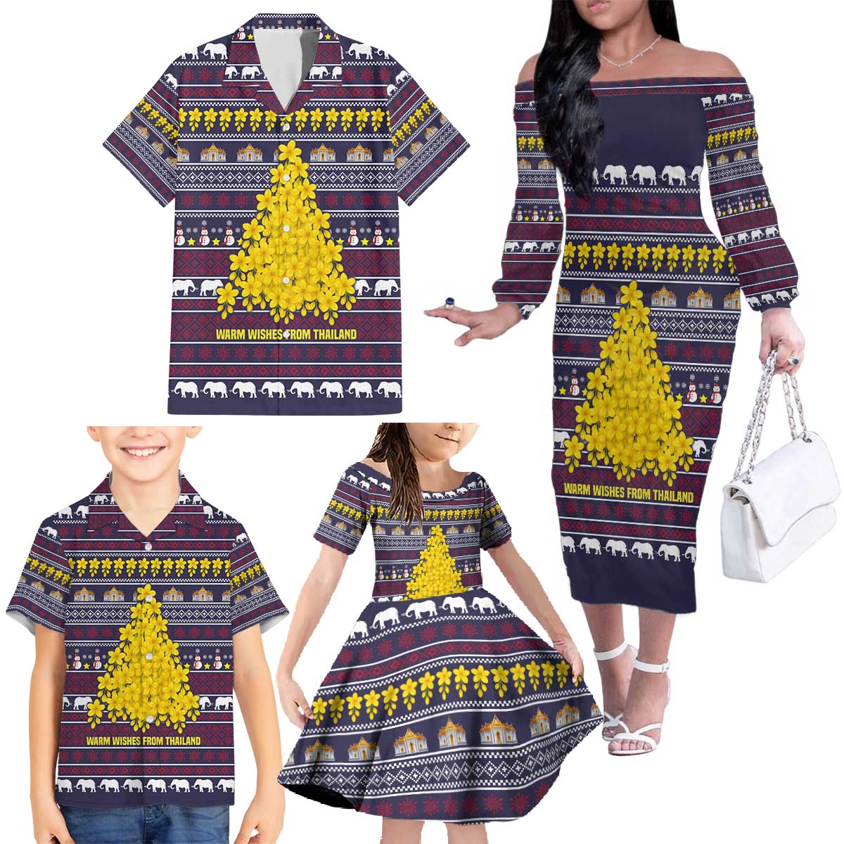 Thailand Christmas Family Matching Off The Shoulder Long Sleeve Dress and Hawaiian Shirt with Yellow Flower Tree Garuda Emblem and Elephant Holiday - Wonder Print Shop
