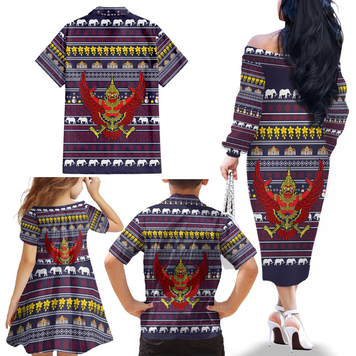 Thailand Christmas Family Matching Off The Shoulder Long Sleeve Dress and Hawaiian Shirt with Yellow Flower Tree Garuda Emblem and Elephant Holiday - Wonder Print Shop