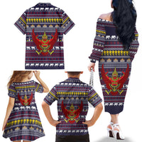 Thailand Christmas Family Matching Off The Shoulder Long Sleeve Dress and Hawaiian Shirt with Yellow Flower Tree Garuda Emblem and Elephant Holiday - Wonder Print Shop