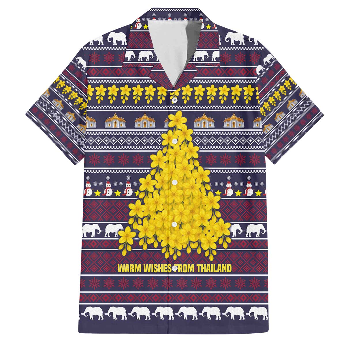 Thailand Christmas Family Matching Off The Shoulder Long Sleeve Dress and Hawaiian Shirt with Yellow Flower Tree Garuda Emblem and Elephant Holiday - Wonder Print Shop