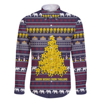 Thailand Christmas Family Matching Off The Shoulder Long Sleeve Dress and Hawaiian Shirt with Yellow Flower Tree Garuda Emblem and Elephant Holiday - Wonder Print Shop