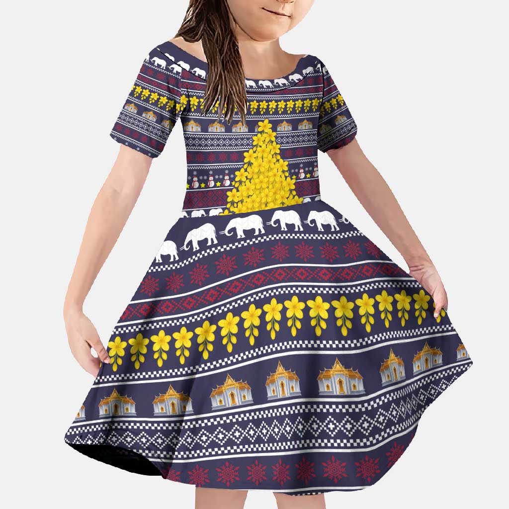 Thailand Christmas Family Matching Off Shoulder Maxi Dress and Hawaiian Shirt with Yellow Flower Tree Garuda Emblem and Elephant Holiday - Wonder Print Shop