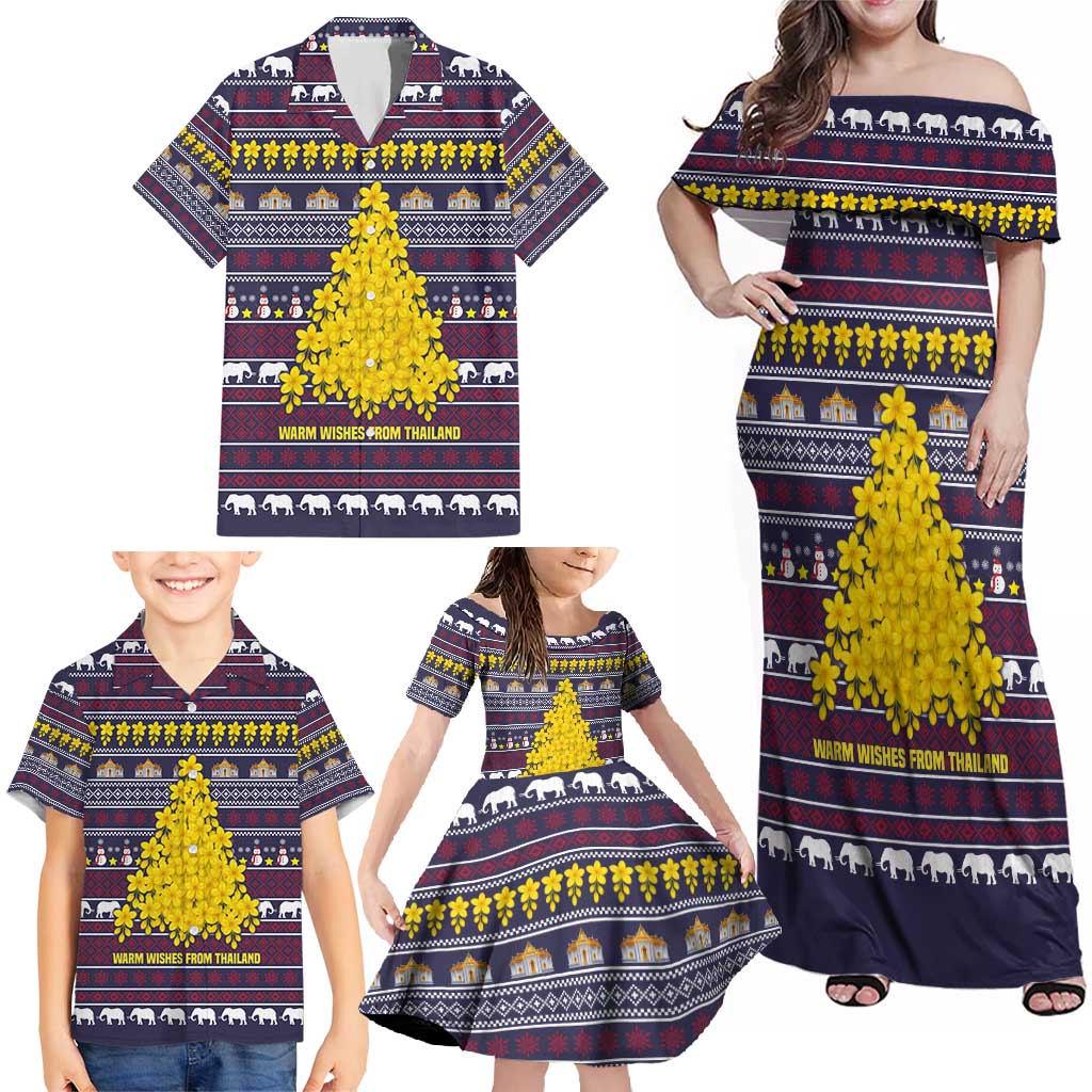 Thailand Christmas Family Matching Off Shoulder Maxi Dress and Hawaiian Shirt with Yellow Flower Tree Garuda Emblem and Elephant Holiday - Wonder Print Shop