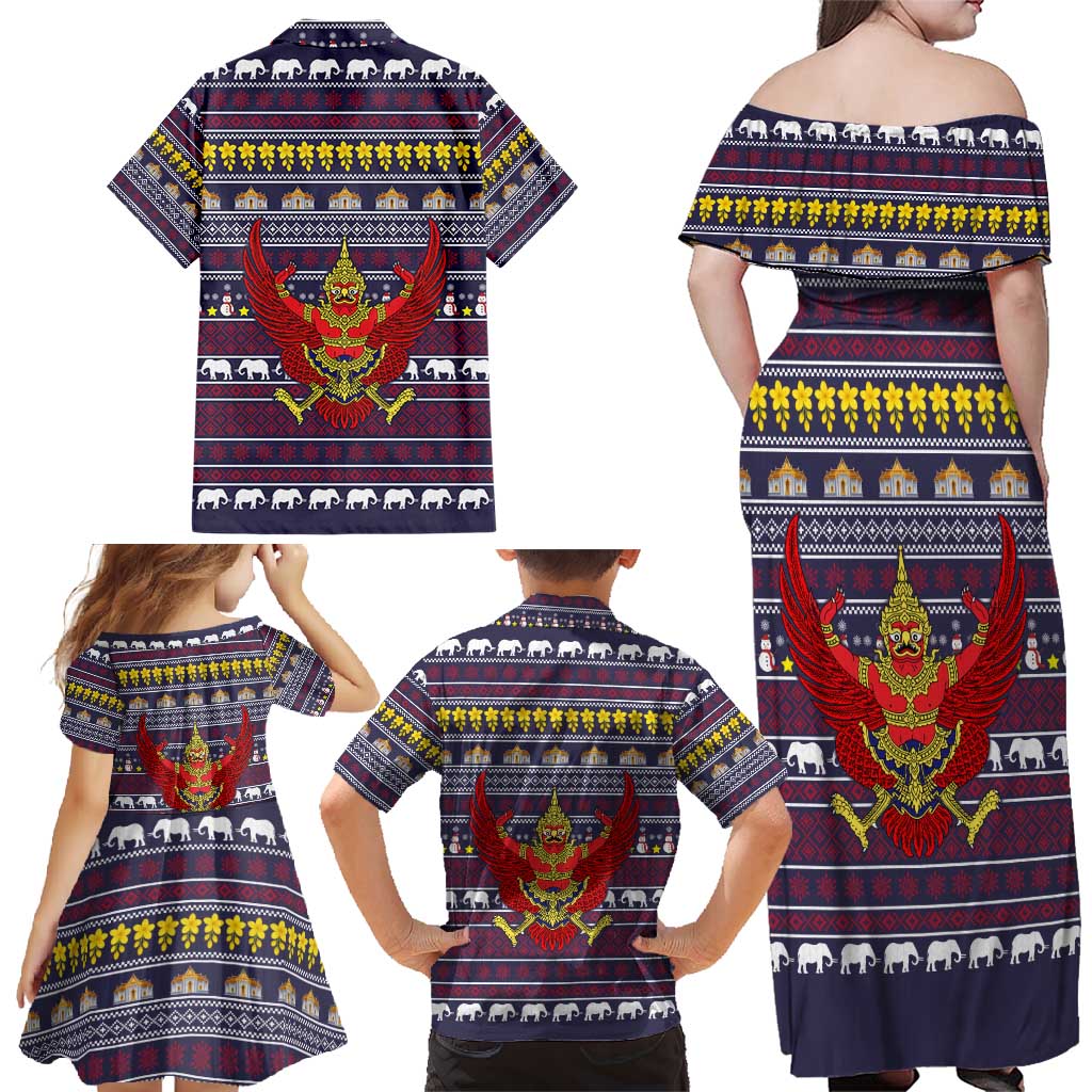 Thailand Christmas Family Matching Off Shoulder Maxi Dress and Hawaiian Shirt with Yellow Flower Tree Garuda Emblem and Elephant Holiday - Wonder Print Shop