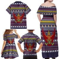 Thailand Christmas Family Matching Off Shoulder Maxi Dress and Hawaiian Shirt with Yellow Flower Tree Garuda Emblem and Elephant Holiday - Wonder Print Shop