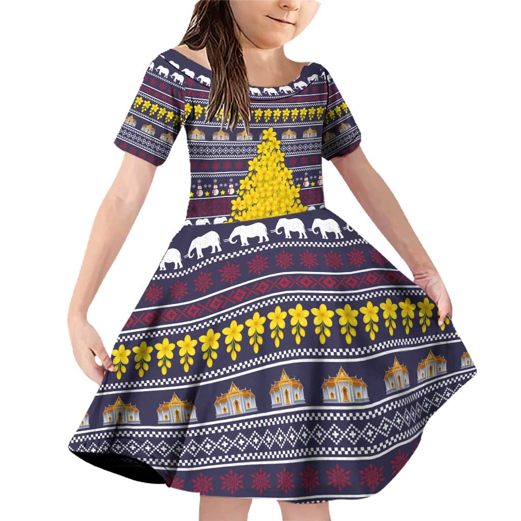 Thailand Christmas Family Matching Off Shoulder Short Dress and Hawaiian Shirt with Yellow Flower Tree Garuda Emblem and Elephant Holiday - Wonder Print Shop