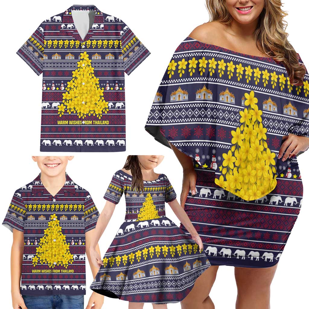 Thailand Christmas Family Matching Off Shoulder Short Dress and Hawaiian Shirt with Yellow Flower Tree Garuda Emblem and Elephant Holiday - Wonder Print Shop
